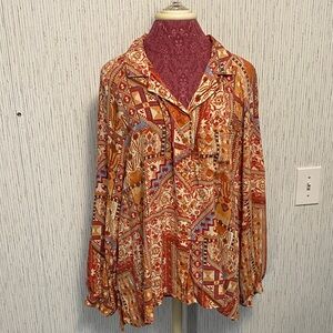 Rachel Zoe Red Tan Southwestern XL Long Sleeve Multicolor Women's Blouse